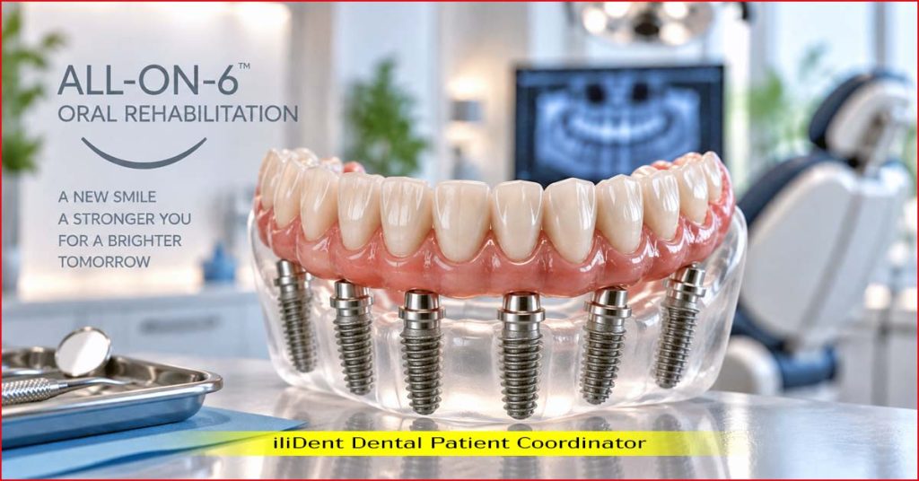 All-on-6 full-arch dental restoration supported by six dental implants