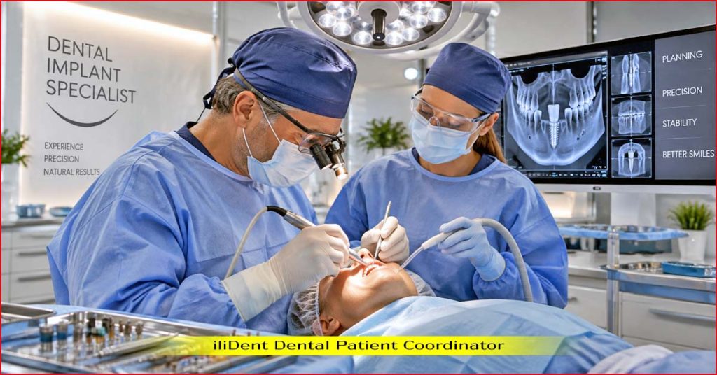 Dental implant specialist performing implant surgery under anesthesia with a dental assistant