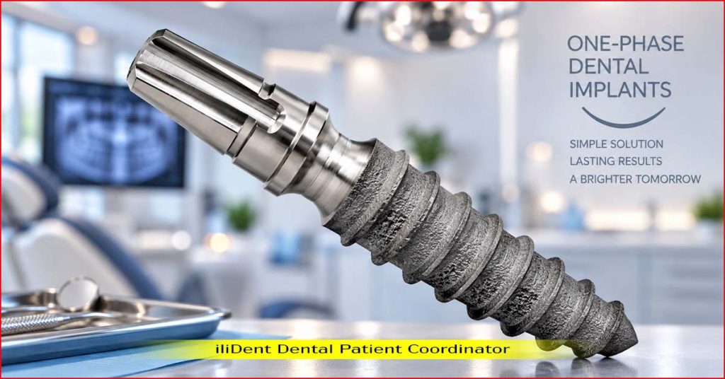 One-phase dental implant positioned diagonally in a modern dental clinic