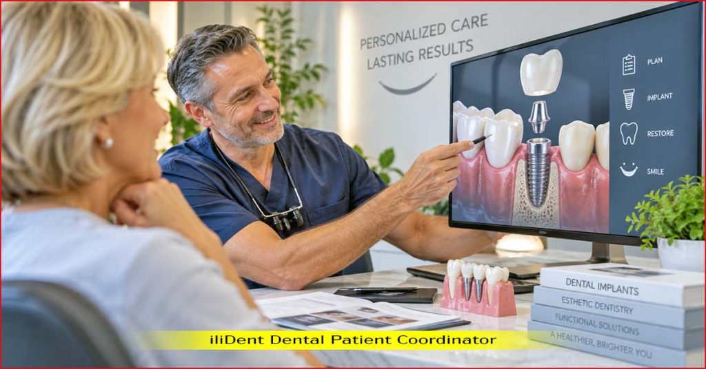 Dentist explaining a personalized dental implant treatment plan using 3D imaging