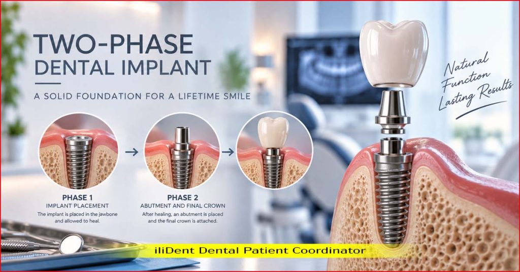 Two-phase dental implant treatment showing implant placement and final crown restoration